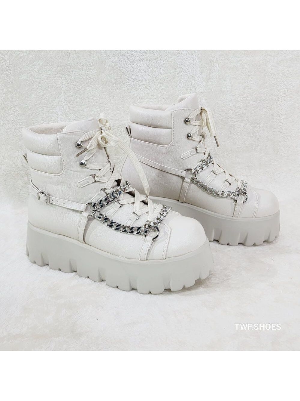 Emo Stomp 2" Platform Stomper Ankle Boots With Chain Design Off White